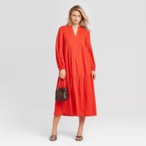Who What Wear Long Sleeve Tiered Midi Dress in Coral (S)